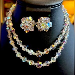 Vintage‎ Double Strand AB Crystal Necklace & clip on earrings SET